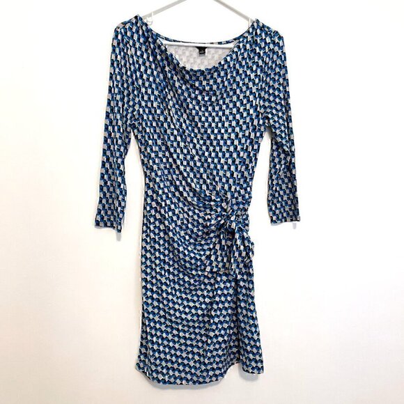 ANN TAYLOR Geo Print Side Tie Jersey Dress Blue Gray 3/4 Sleeve Office S ALTERED - Picture 2 of 13